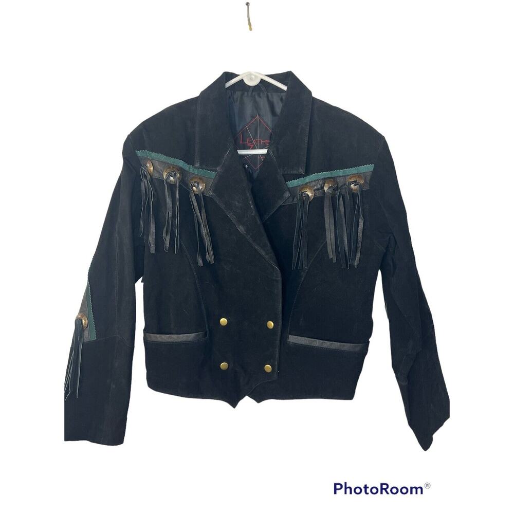 Leather Zone women’s Suede Leather Black Jacket Vintage Cowgirl Southwest Aztec